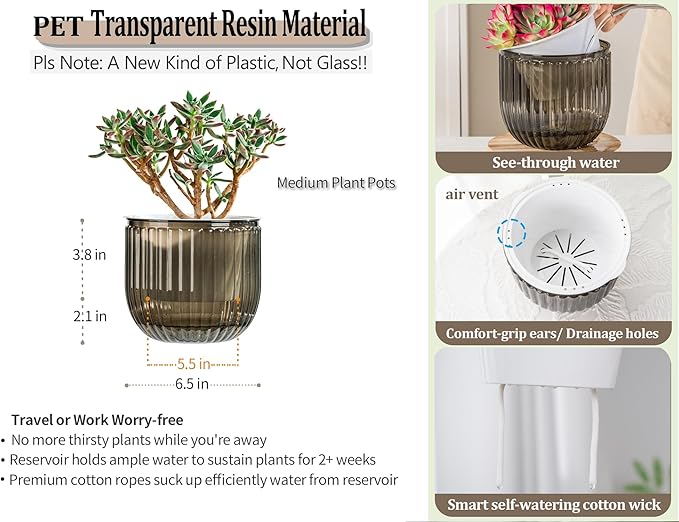 Melphoe Self Watering Pots for Indoor Plants Planter, 6.5 Inch 2 Pack Planters Self Watering Plant Pots for Flower, Houseplants, Succulent, African Violets and Cactus with Drainage