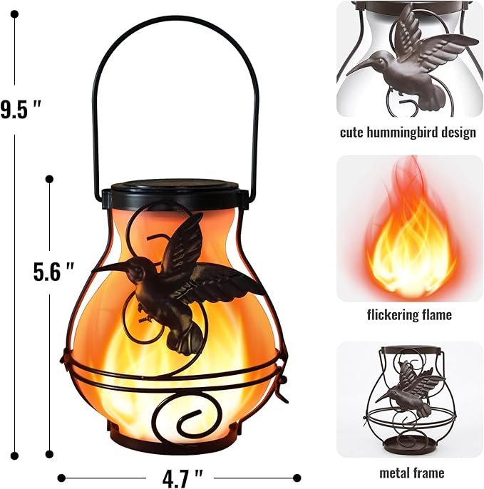 Solar Lanterns Outdoor Waterproof Flickering Flame Lights Hummingbird Metal Hanging Solar Lantern Patio Porch Garden Decoration (4 Pack)
