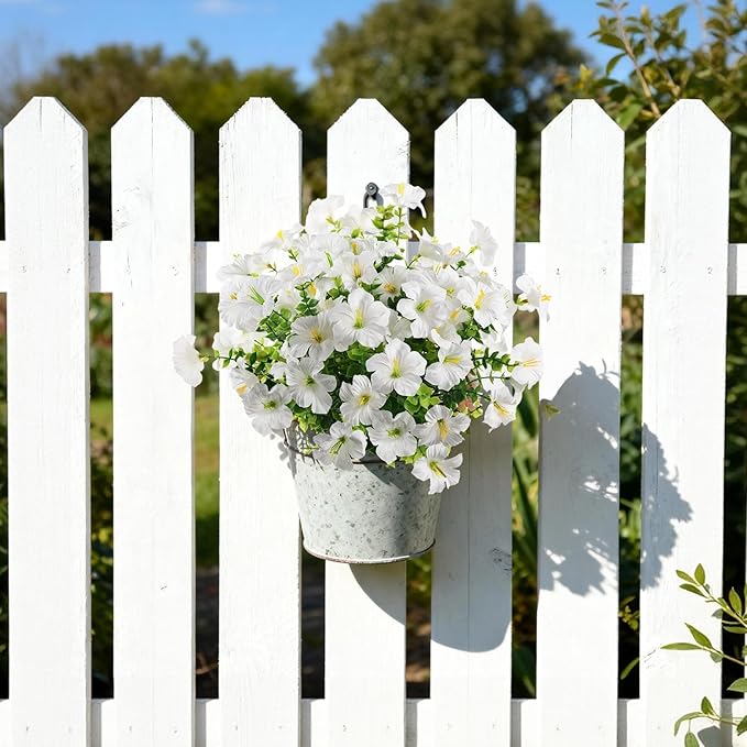 INQCMY Artificial Fake Petunias Flowers for Outdoors Spring Decoration, 12 Bundles Faux Flower Plants UV Resistant White Realistic Silk Flower for Outside Planters Patio Porch Yard Window Box