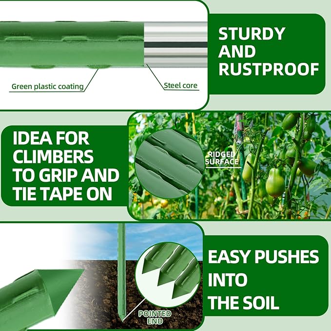 Garden Stakes 16 Inch 70 Pack, Diy 4ft 5ft 6ft 7ft 8ft Tomato Stakes Plastic Coated Metal Plant Sticks Stakes Supports with 40 Connectors 30 Rotatable Clips for Indoor Outdoor Plants Vegetable