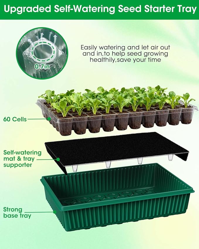 2PCS 120 Cell Self-Watering Seed Starter Tray Kit with Grow Light Humidity Dome,120-Cell Large Plant Seedling Tray, 3 Color Growing Light, Seed Starting Trays for Plant Germination（2PCS, 120 Cell）