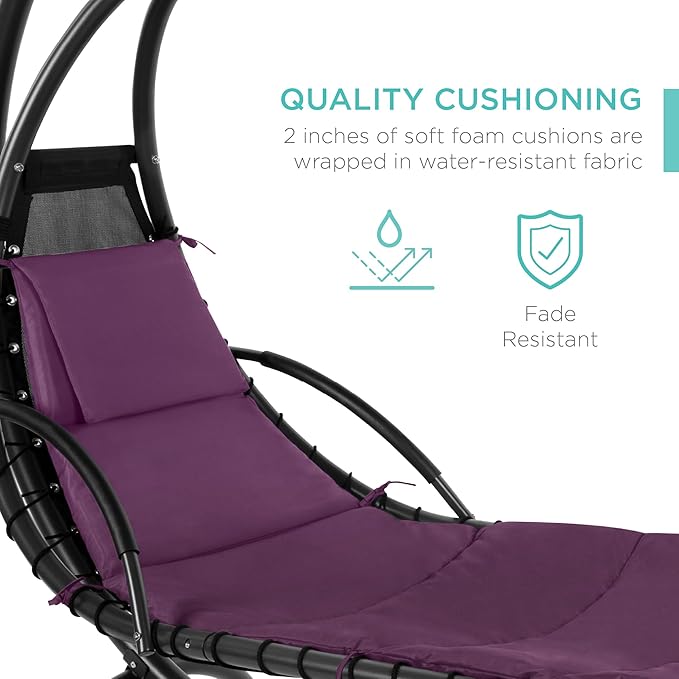 Best Choice Products Outdoor Hanging Curved Steel Chaise Lounge Chair Swing w/Built-in Pillow and Removable Canopy - Purple