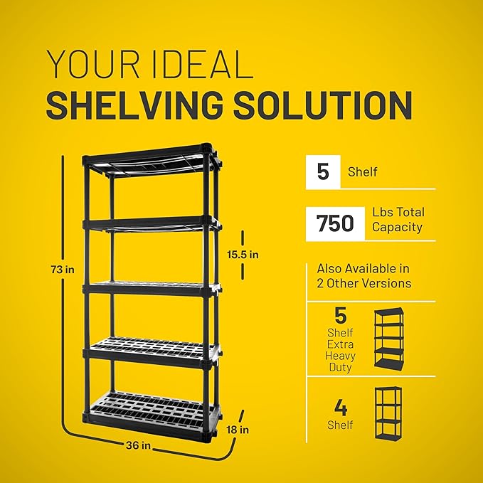 Plano 5-Shelf Plastic Storage Shelves, 73” x 36” x 18”, 750lb Capacity, Pantry, Office, Closet and Garage Shelves, Easy to Assemble, Durable Plastic Shelving Unit