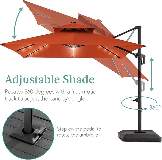 Best Choice Products 10x10ft Cantilever Patio Umbrella w/Base Included, Solar LED Lights 360 Rotation Large Offset Hanging Outdoor Shade for Deck Pool Backyard w/Stand – Rust
