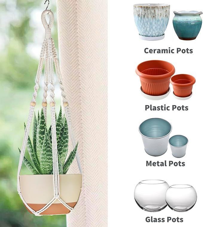 35 Inch Macrame Plant Hanger Indoor with Wood Beads and No Tassels,Strong Hanging Planter Flower Pot Holder for Indoor Outdoor Boho Home Decor,Set of 2,Ivory(Pots Not Included)