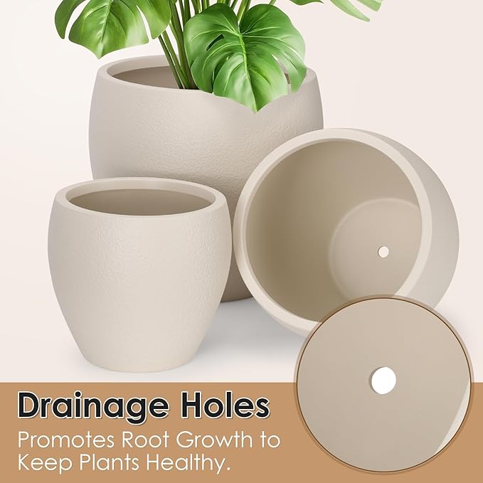 Plant Pots 17.5/14.8/12.2 inch Set of 3, Flower Pots with Drainage Holes, Large Planters for Indoor Outdoor Garden Plants and Flowers. (Light Beige)