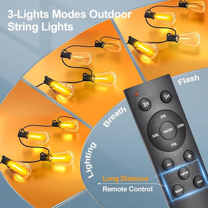 Outdoor String Led Patio Lights: 65Ft 20M Outside Waterproof Light with Remote Dimmable ST38 Shatterproof Bulb Connectable Hanging Outdoor Electric Lighting for Backyard Yard Gazebo Porch Party