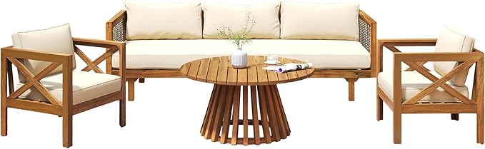 Merax Outdoor 4-Piece Acacia Wood Conversation Set - Patio 3-Seat Loveseat Sofa w/Coushion, 2 Armchair and Round Coffee Table for Backyard, Lawn, Balcony, Beige + Teak