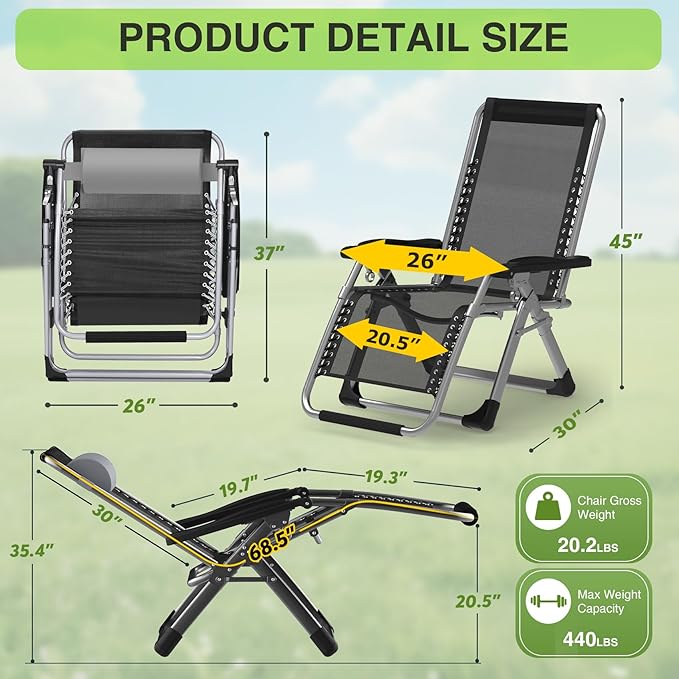 Suteck Zero Gravity Chair Set of 2, Reclining Camping Lounge Chair w/Removable Cushion, Upgraded Lock and Cup Holder, Reclining Patio Chairs Folding Recliner for Indoor and Outdoor