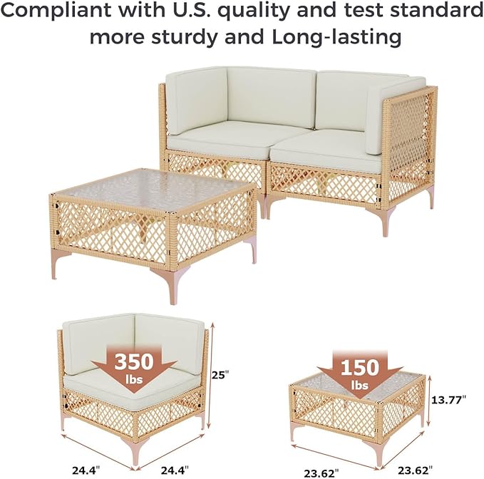 LYNSLIM Outdoor Patio Furniture Set, Wicker Outdoor Sectional Set, Boho Patio Conversation Sectional Sofa with Large Tempered Glass Coffee Table and Waterproof Cushion (3-Piece Patio Furniture)
