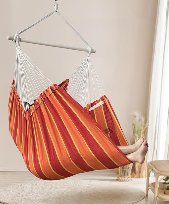 XXL Hammock Chair Hanging Rope Swing with 2 Cushions - Max 500lbs-Perfect for Patio, Porch, Bedroom, Backyard, Indoor or Outdoor - Includes Hanging Hardware Kits
