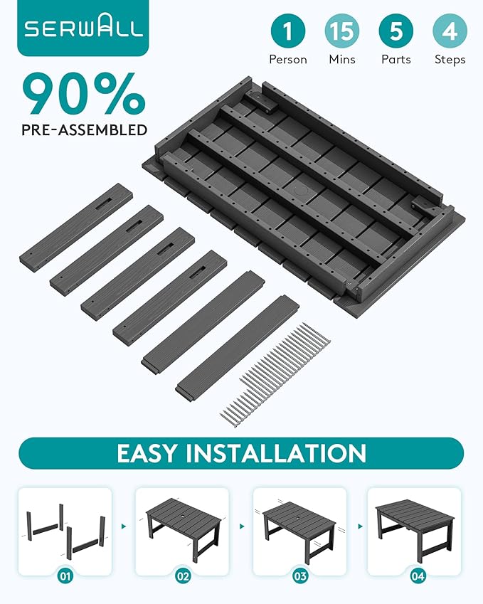 SERWALL Outdoor Coffee Table with 9FT Umbrella, HDPE Patio Coffee Table for Outside, Rectangle, Gray(Not Include Umbrella Base)