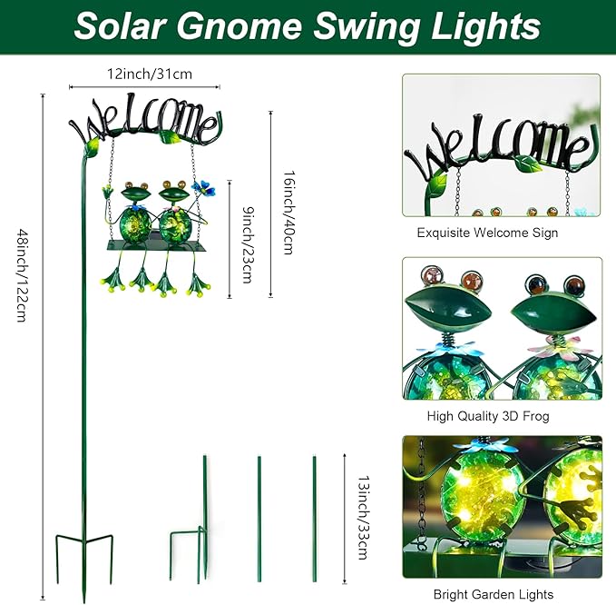 HONGLAND Solar Lights Outdoor Waterproof, Frog Swing Garden Decor, Frog Decorative Stake with Welcome Sign Landscape Patio Yard Gifts for Women Mom (48 inch)