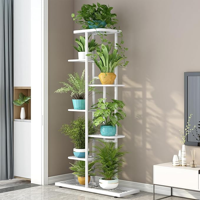 LINZINAR Plant Stand Metal 7 Tier 8 Potted Multiple Flower Pot Holder Shelf Indoor Outdoor Planter Display Shelving Unit for Patio Garden Corner Balcony Living Room, White