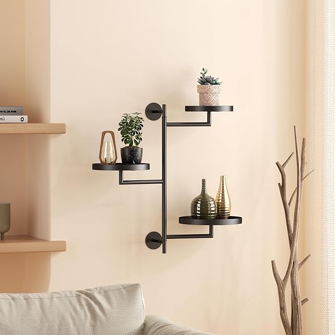 Window Rotating Plant Stand Shelf Indoor Black Metal Floating Shelves 3-Tier Wall Mount Plant Holders for Living Room Wall Planter Modern Home Decor for Gardening
