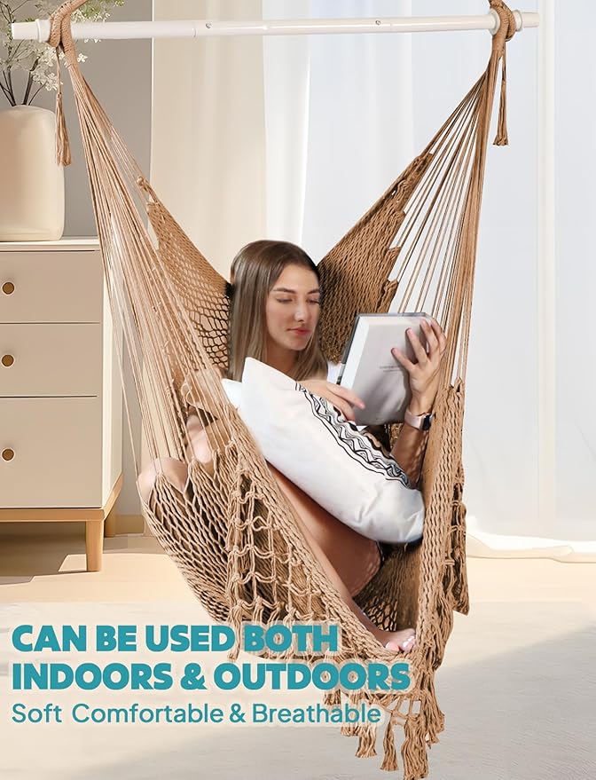 Chihee Hammock Chair Super Large Soft-Spun Cotton Rope Weaving Hanging Chair, Collapsible Strong Metal Spreader Bar Wide Seat Lace Stretch Swing Chairs Indoor Outdoor Garden Yard Theme Decoration