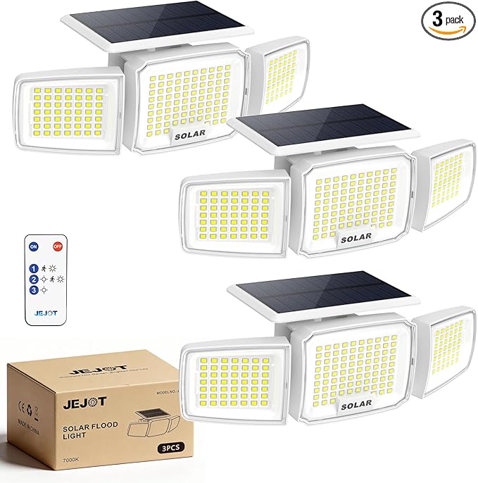 White Solar Security Light Outdoor Super Bright LED, Motion Sensor Solar Flood Light, 3 Heads 270° Wide Angle,Remote Control, IP65 Waterproof, 3 Modes (3 Packs)