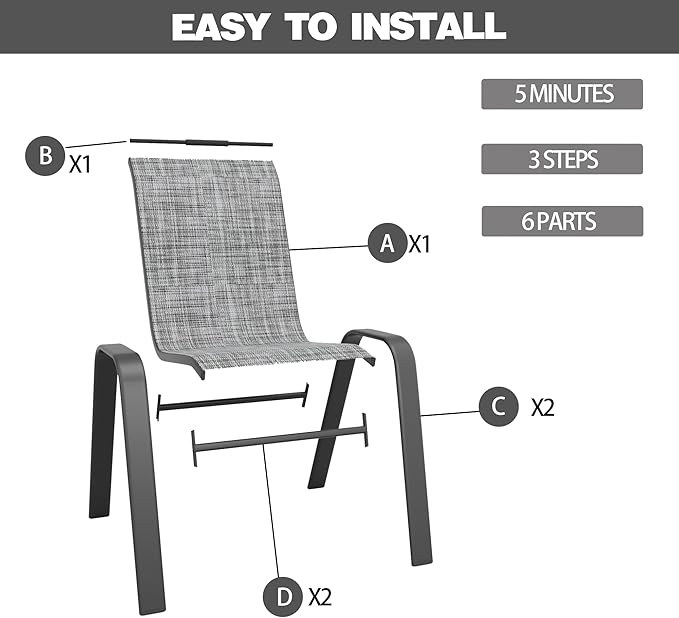 Patio Chairs Set of 4, Stackable Outdoor Dining Chairs for All Weather Textilene Fabric & Metal Frame, Outdoor Chairs Set for Backyard Deck Garden (Grey, Set of 4)