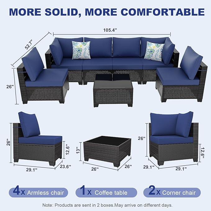 7 Pieces Outdoor Patio Furniture Set, Outdoor Wicker Sectional with Thick Cushions for Garden and Backyard (Brown/Deep Blue)