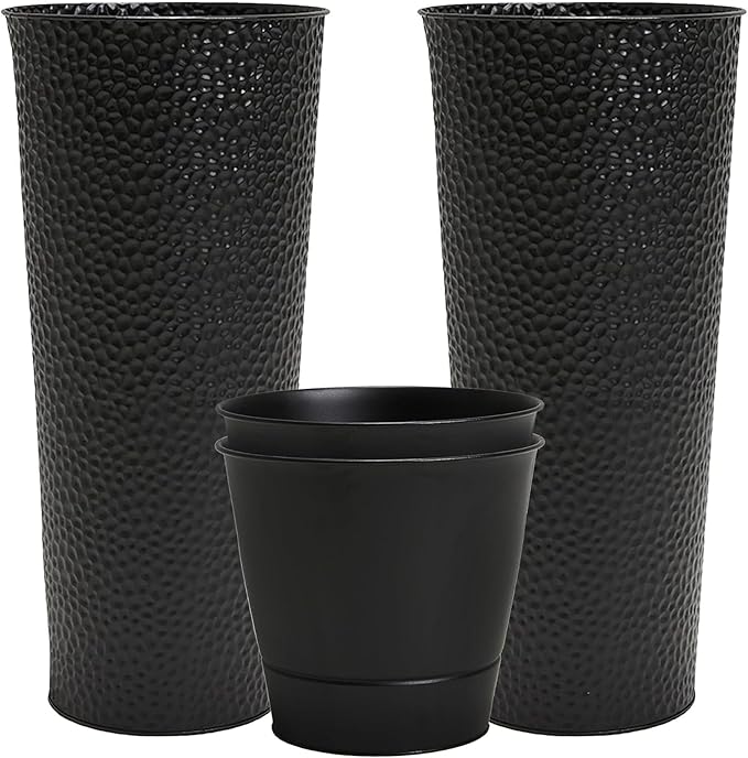 Worth 2 Pack 28" Tall Narrow Metal Planter with Inside Pot for Indoors or Outdoors, Deck, Patio or Front Porch, Hand-Hammered Texture, Black
