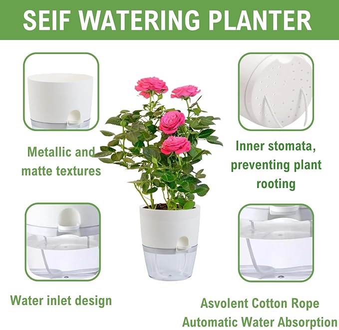6Inch Self Watering Planter Pots 4 Pack Plant Pot for Indoor Wicking Flower Pots Plant Pots Modern Decorative Planter for Small African Violets House Plants,Herbs,Indoor Outdoor Plant (White)