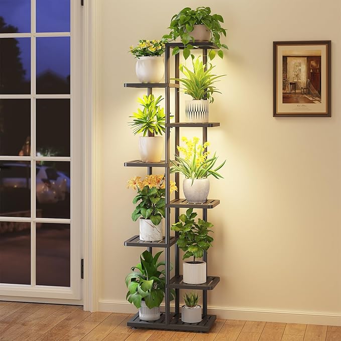 iDavosic.ly Plant Stand Indoor with Grow Light, 7-Tier Tall Metal Flower Shelf for Heavy-Duty Large Planters, Corner Orchid Display Rack for Living Room Balcony Patio Porch, Modern Black