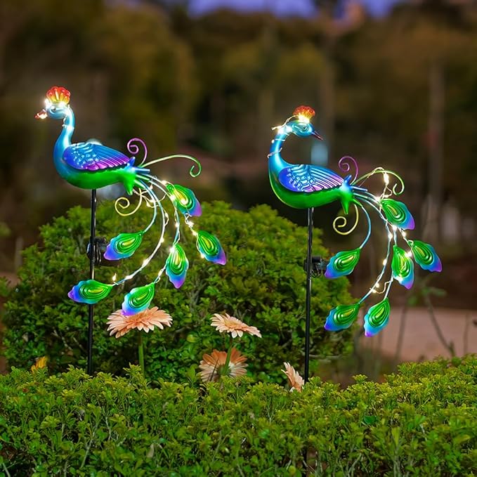 DREAMSOUL 2 Pack Metal Peacock Solar Lights Outdoor Waterproof LED Solar Lights, Decorative Garden Stakes for Yard Pathway Peacock Decor