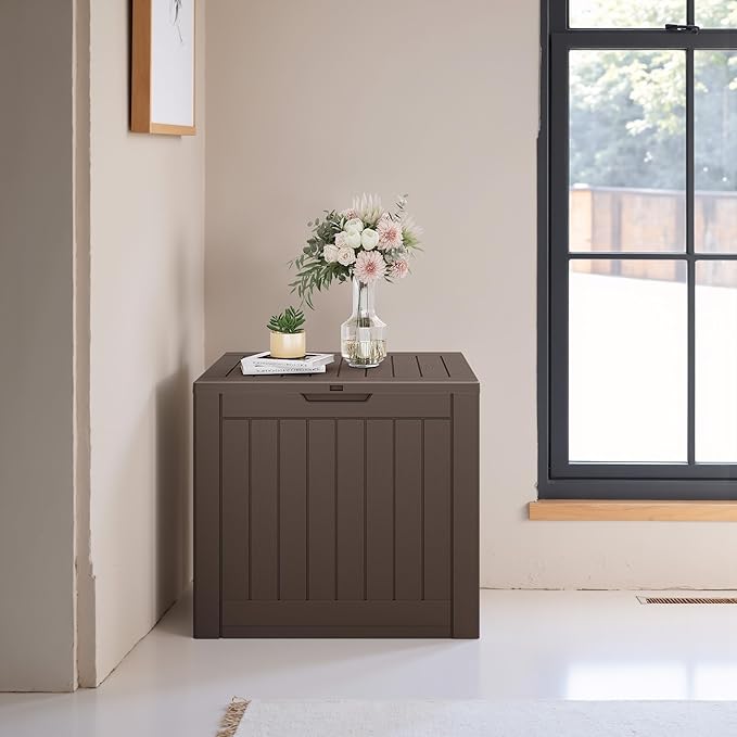JUMMICO 42 Gallon Deck Box Waterproof, Resin Outdoor Storage Box with Side Handles, Outdoor Storage Benches Lockable for Patio Cushions and Garden Tools (Brown)