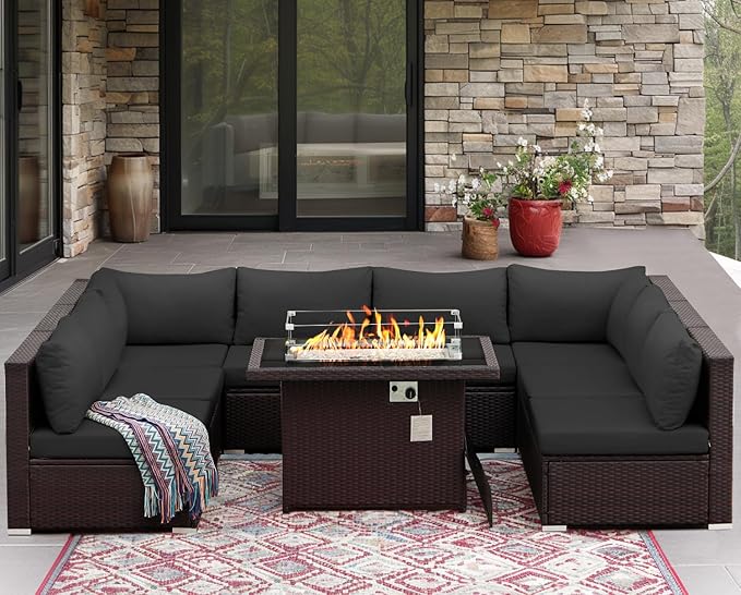 NICESOUL 9 Piece Extra Large Outdoor Patio Furniture Set with Fire Pit Natural Gas/Propane, 29.3 High Back Modular Sectional Couch Sets, Deep Seat Conversation Set, Brown Rattan and Dark Grey Cushion