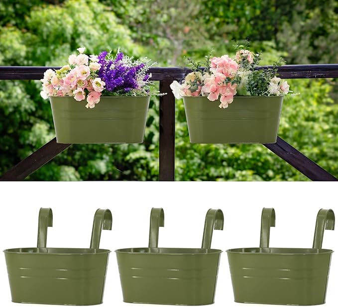 3 Pack Metal Railing Planters, 10.5" Oval Hanging Flower Pots with Detachable Hooks & Drainage Holes, Fits Rails up to 2.36", Galvanized Iron Fence Bucket for Balcony Garden Patio - Green