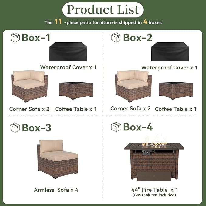Aoxun 11 Piece Patio Furniture Set with 44” Fire Pit Table Wicker Rattan Outdoor Sectional Sofa Set with Coffee Table and Thickened Cushions, Beige (Waterproof Cover Included)