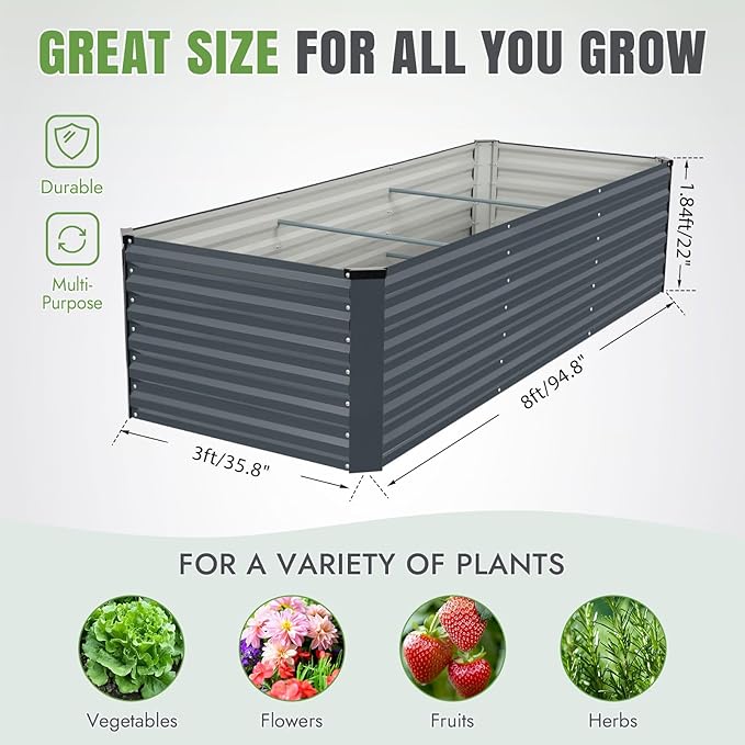 INNO STAGE 8x3x2ft Galvanized Raised Garden Bed, Raised Garden Bed Kit-Metal Planter Box Outdoor, Planting for Vegetables, Fruits, Herbs, Flowers, Grey