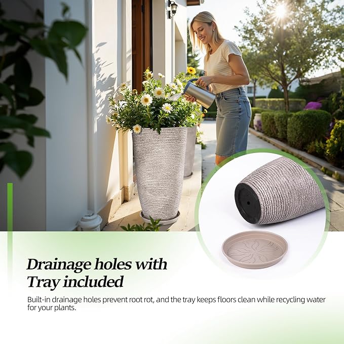 QCQHDU Set of 2 Oversized 9 Gallon Round Planters for Front Door & Patio - 12x21 Inch Tall Outdoor/Indoor Plant Pots with Drainage Tray, Gray Faux Stone Textured Tree Planters for Porch Decor