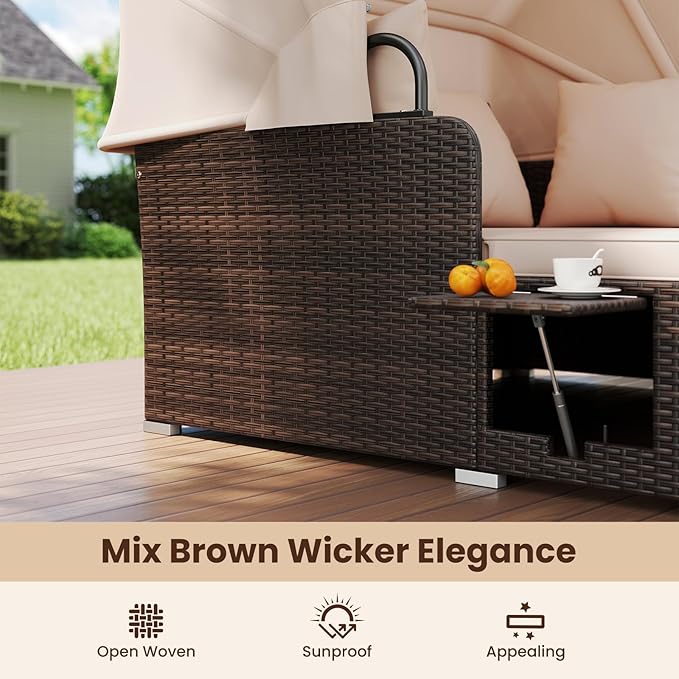 Tangkula Patio Rattan Daybed with Retractable Canopy, Outdoor Wicker Sunbed with 2 Foldable Side Tables, Thick Seat & Back Cushions, Outside Double Daybed for Garden, Backyard, Porch, Beige & Brown