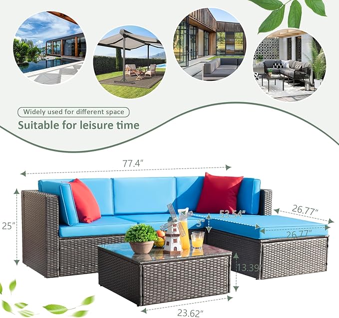 Devoko 5 Pieces Patio Furniture Sets All Weather Outdoor Sectional Patio Sofa Manual Weaving Wicker Rattan Patio Seating Sofas with Cushion and Glass Table (Blue)