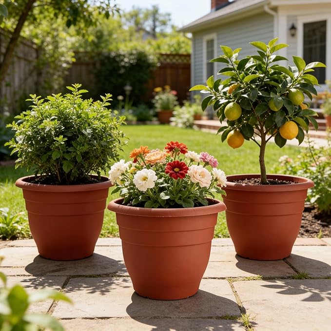 3 Pack Large 16 Inch Plastic Plant Pots for Outdoor Plants,Durable & Lightweight Flower Pots with Drainage Holes,Weather-Resistant Large Planters for Patio Garden(Brick Red)