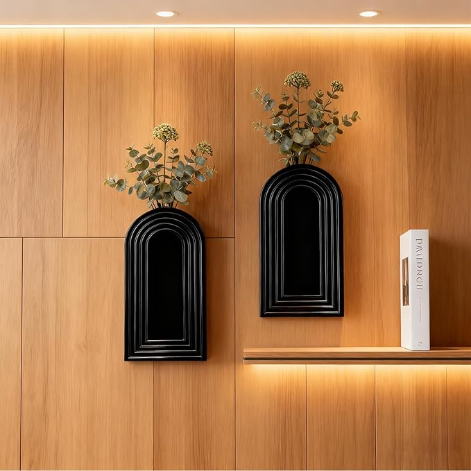 2 Pack Wooden Wall Vase Set, Boho Hanging Planter for Indoor Plants & Flowers, Wood Wall-Mounted Planters for Living Room, Modern Farmhouse Entryway or Bathroom, Rustic Art for Home (Black)