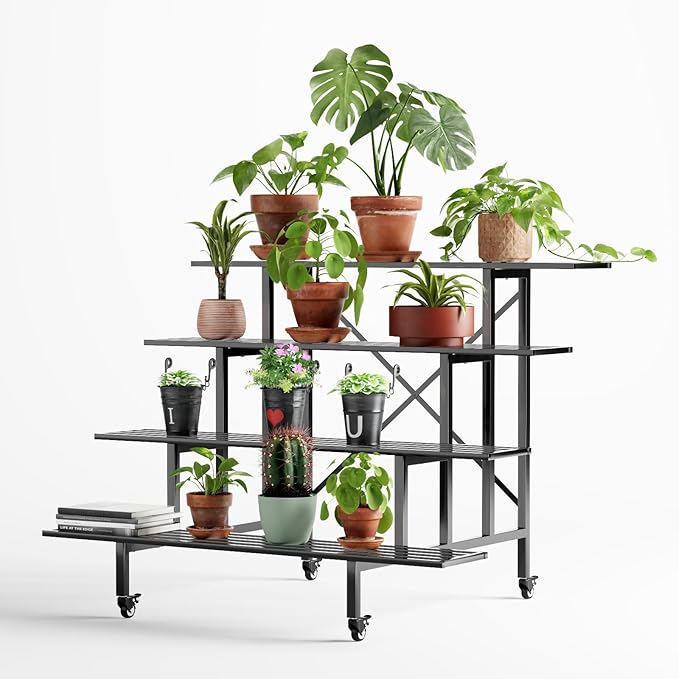Zhongma 4 Tier Sturdy Metal Plant Stand with Wheels, L45.67 x W34.65 x H35.83 inch, Heavy Duty Plant Holder for Home Indoor and Outdoor, 880 LBS Capacity & Heavy Duty Construction