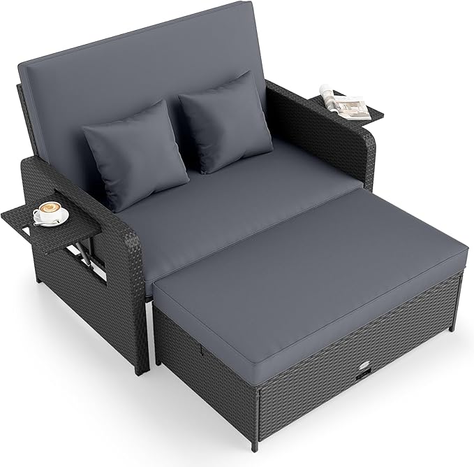 Tangkula Patio Rattan Daybed with 4-Level Adjustable Backrest, Outdoor PE Wicker Loveseat with Storage Ottoman & Folding Side Tray, Double Sunbed Lounger for Balcony, Backyard & Poolside (Grey)