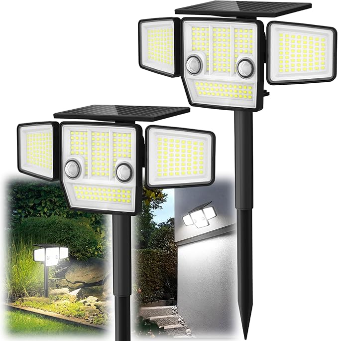 Solar Outdoor Lights with Stakes, 2500LM 180° PIR Motion Sensor, 360° Wide Angle Illumination, In-Ground or Wall Mount, IP65 Waterproof, 3 Modes, 236 LEDs Security Flood Light, 2 Pack