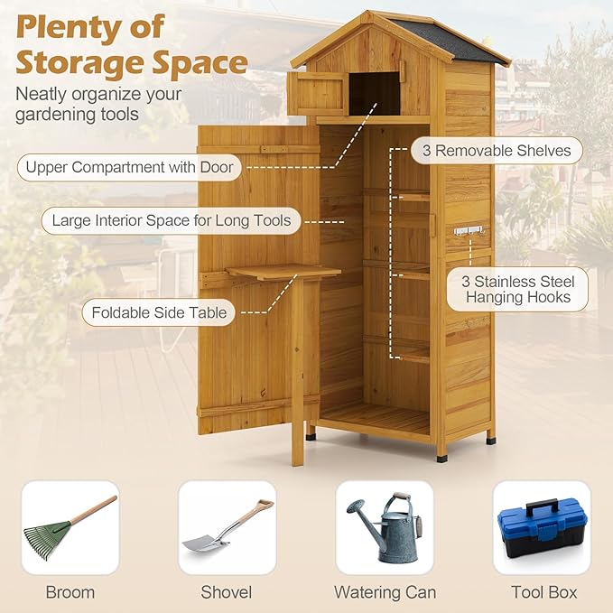 Goplus All-in-One Storage Shed, 70" Tall Wooden Lockable Cabinet w/Foldable Work Table, Vertical Utility Tool Organizer w/Shelves & Hooks, Waterproof Garden Shed for Patio Backyard (Natural)