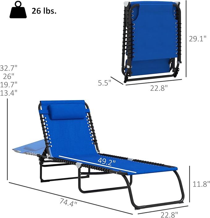 Outsunny Folding Chaise Lounge Chair Set of 2, Patio Sun Tanning Chair, Outdoor Chaise Lounger with 4-Position Reclining Back, Breathable Mesh Seat for Beach, Poolside, Yard, Blue