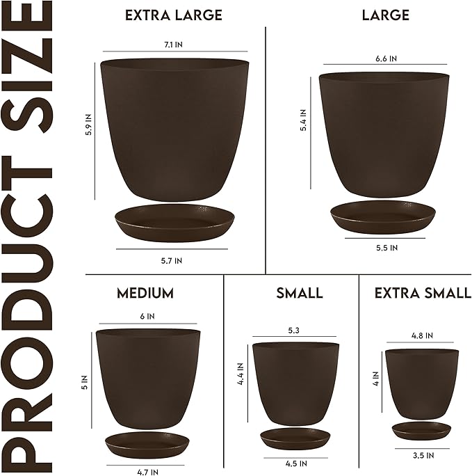 Utopia Home - Plant Pots Indoor with Drainage - 7/6.6/6/5.3/4.8 Inches Garden Flower Pots for Indoor Planter - 5 Pack Brown Plastic Planters - Ideal for Stocking Stuffers or Room, Office Home Decor