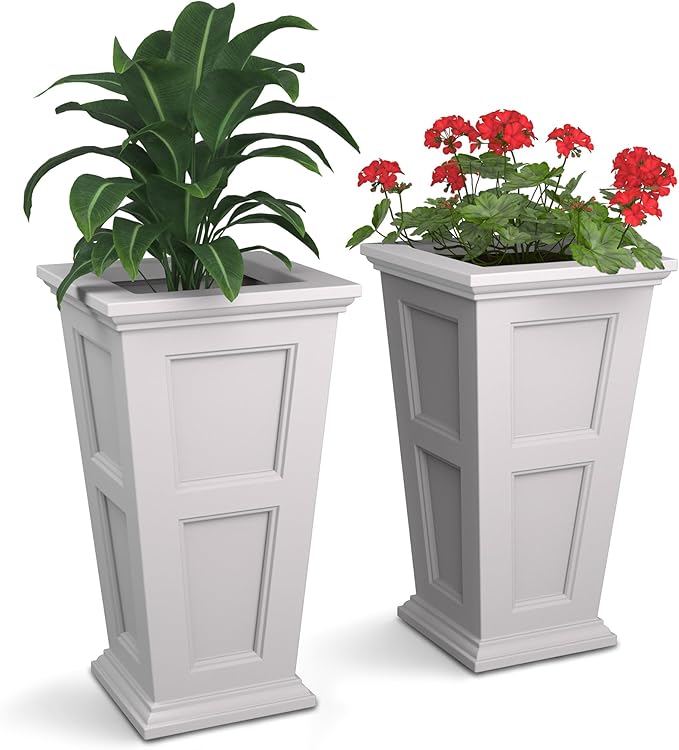 Mayne Fairfield 28-Inch Tall Planter, 2-Pack – Self-Watering, Weather-Resistant Planter for Flowers – Durable Outdoor Design for Patio, Porch, or Entryway