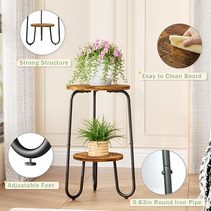 2 Tier Wood Plant Stand Indoor, Small Round Flower Pot Stand, 19.6" Tall Single Plant Holder for Living Room, Balcony, Rustic Brown End Side Table（2 packs）
