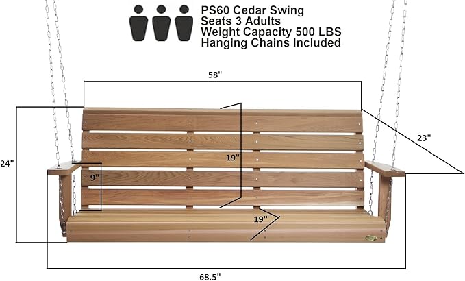 All Things Cedar PS60-SW10 Porch Swing | 5Ft Outdoor Furniture & Patio Swing | Handcrafted Western Red Cedar | Comfort Springs, Easy Assembly, Sustainable Outdoor Bench 68.5x23x24