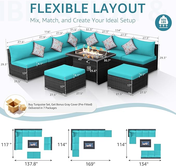 NICESOUL 10 Piece Modern Outdoor Furniture Set with Natural Gas/Propane Fire Pit Table, 29.3'' High-Back Extra Large Patio Sectionals with Firepit, Deep Wide All-Weather Rattan Sofas, Turquoise & Gray