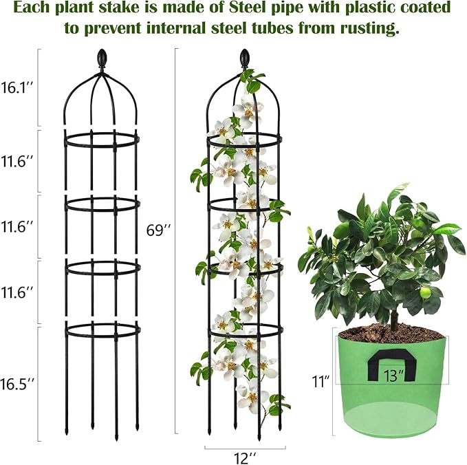 Garden Obelisk Trellis for Climbing Plants Outdoor 6 Ft Rose Bush Round Trellis with Grow Bag for Pots Rustproof Metal Plant Flower Trellises for Clematis Vine Jasmine Support Outdoor Indoor