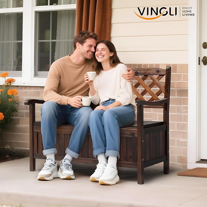 VINGLI Outdoor Storage Bench, Large Wood Deck Box with Seating, Weatherproof Outdoor Bench with Storage Loveseat, 2-Person Wooden Patio Bench for Entryway, Backyard, Garden