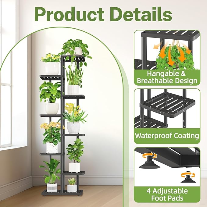 iDavosic.ly Plant Stand Indoor Outdoor, 7-Tier Tall Metal Flower Shelf for Heavy-Duty Large Planters, Corner Orchid Display Rack for Living Room Balcony Patio Porch, Space Saving, Modern Black
